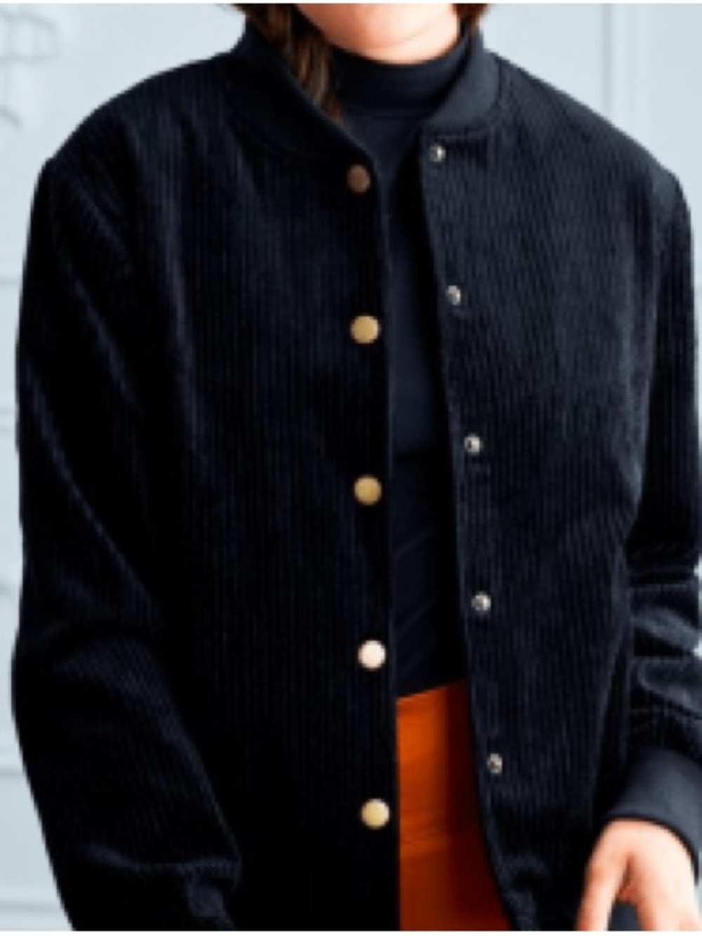 Women's Black Corduroy Bomber Jacket with Gold Buttons